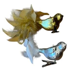 Lot Of 2 Glass Clip On Birds Christmas Ornaments Feather Tails Silver Gold